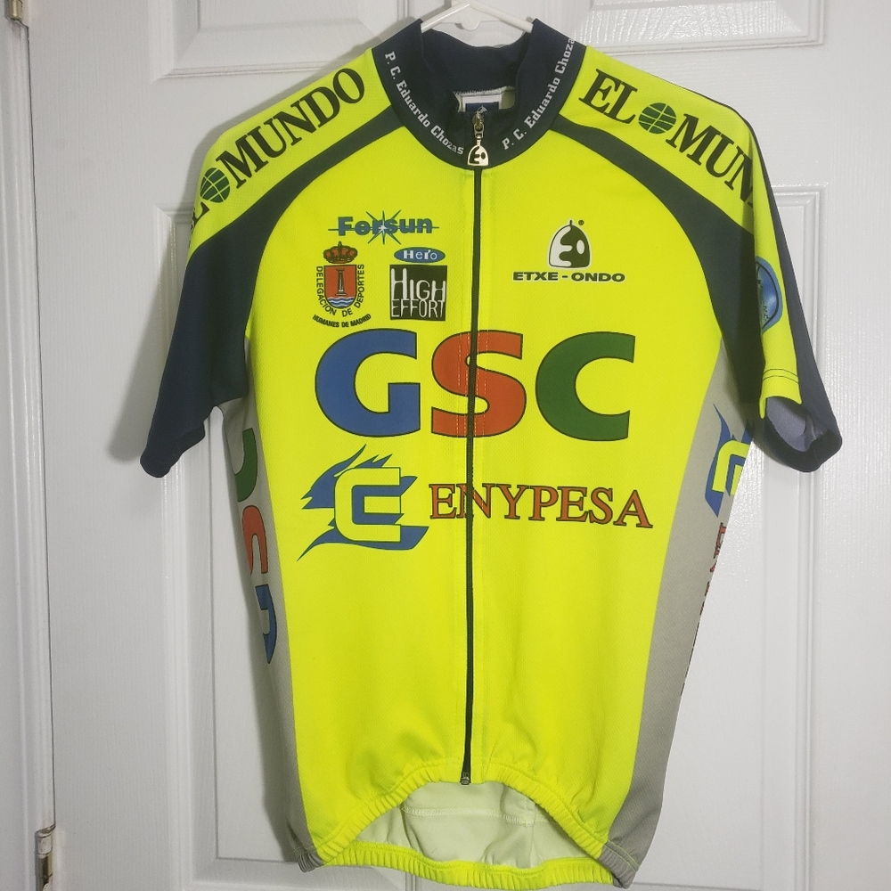Vintage 1990's Italian Etxe-ndo Safety Yellow Medium Cycling Jersey.